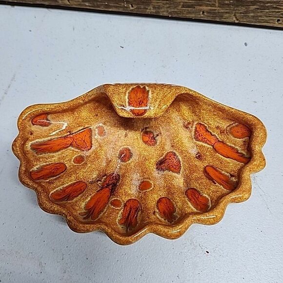 Art Pottery Soap Dish Shell Orange Drip Glaze Handmade  4 X 6.75" - Picture 1 of 5